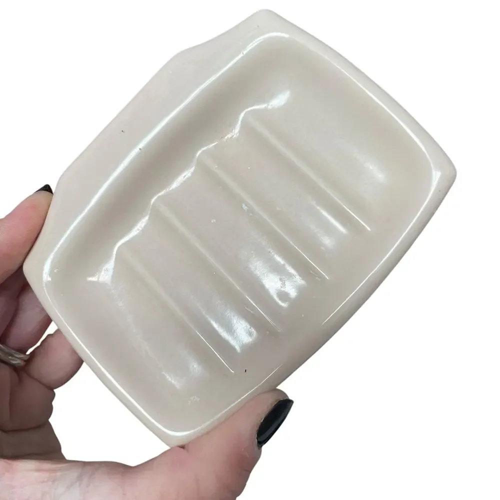 Vintage Porcelain Soap Dish Holder Bathroom Wall Mount Fixture Taupe MCM READ